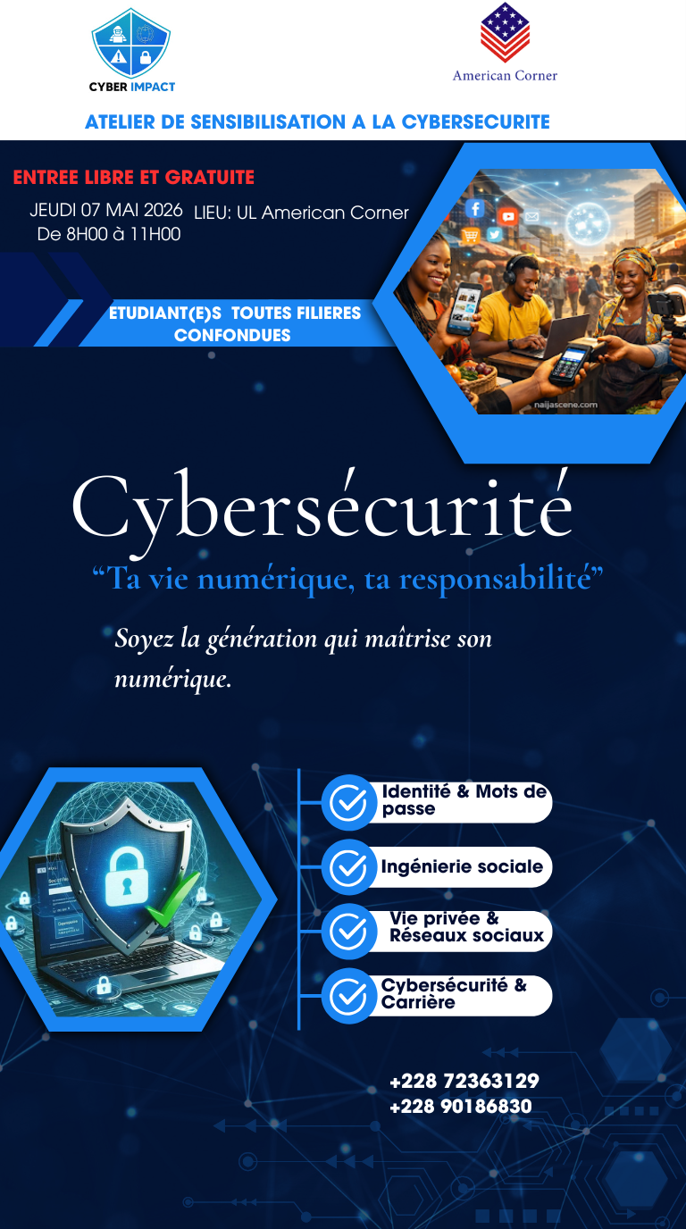Affiche officielle de l'atelier de sensibilisation à la cybersécurité : entrée libre et gratuite, étudiants de toutes filières