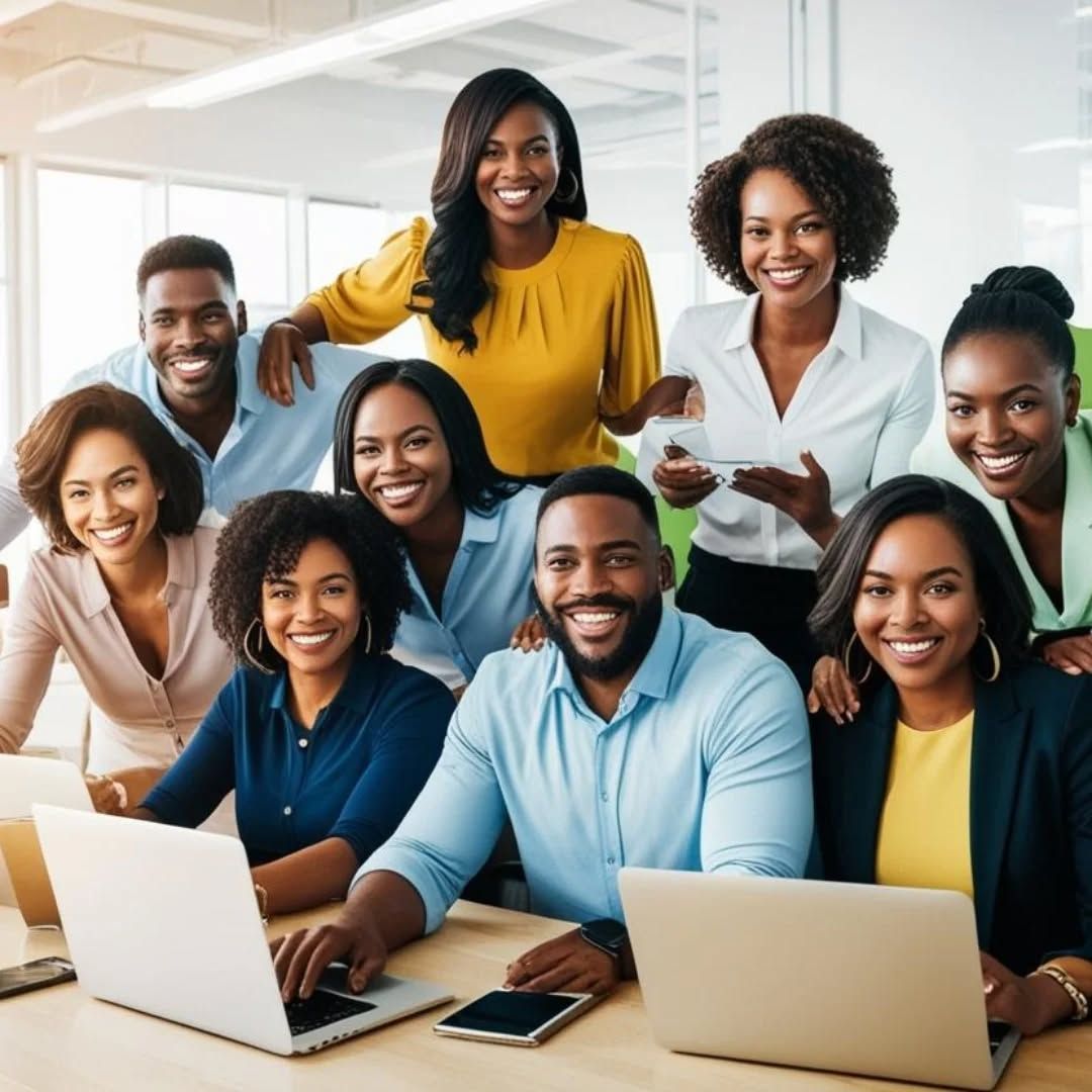 Groupe de jeunes professionnels souriants, réunis autour d'ordinateurs portables